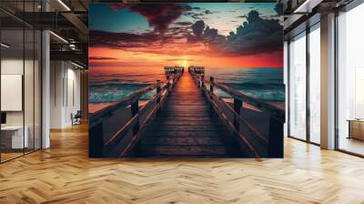 Witness the breathtaking, vibrant sunset hues from the shoreline, adorned with a rustic wooden pier. Generative AI. Wall mural