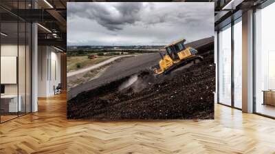 A bulldozer on a slope moving waste on a landfill site Wall mural