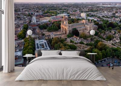 Aerial cityscape skyline of Peterborough Cathedral and city centre Wall mural