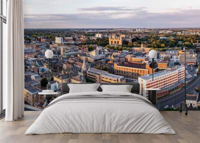 Aerial cityscape skyline of Peterborough Cathedral and city centre Wall mural