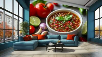 Chili Sauce, A spicy chili paste made from red or green chilies, tomatoes, shallots, garlic, and lime juice. It's used as a condiment and can be very spicy. Wall mural