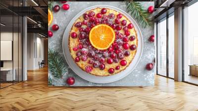 Cranberry Orange Cake, A tangy, fruity cake made with fresh cranberries and orange zest, a bright and festive option for holiday gatherings. Top View Wall mural