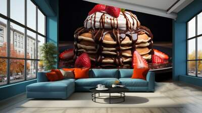 Delicious and tasty chocolate cake with strawberry topping on the table AI Generative Wall mural