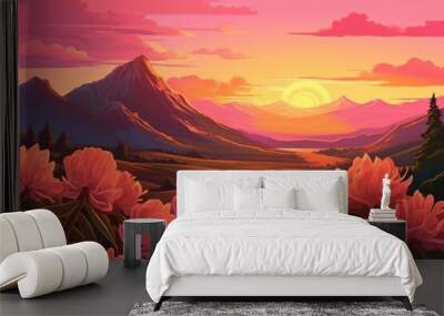 Digital art sunset view over the mountain AI Generative Wall mural