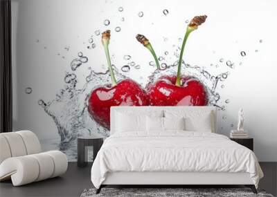 Lapins Cherry falling into the water with a splash on a white background Wall mural