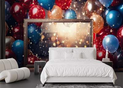 Luxury gold classic frame with balloon on the glitter background AI Generative Wall mural