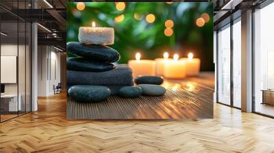 luxury Spa Massage Stones With Candles And Towels On Bamboo Mat - Meditation Concept background Wall mural