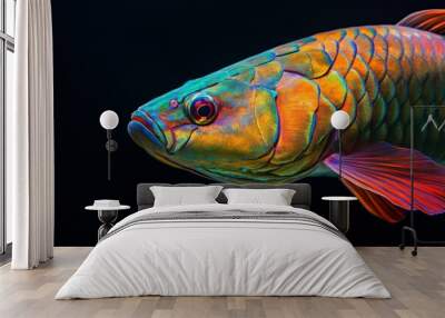 Mystic portrait of Jardini Arowana Fish, isolated on black background Wall mural