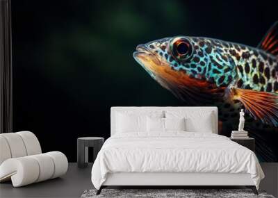 Mystic portrait of Leopard Guppy Fish, copy space on right side, Close-up View, isolated on black background Wall mural