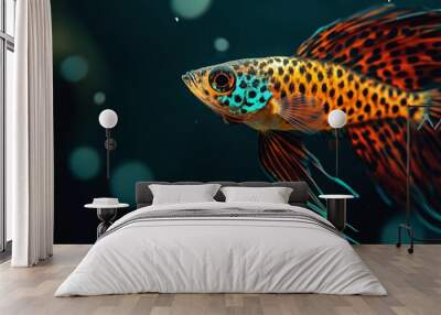 Mystic portrait of Leopard Guppy Fish, copy space on right side, Close-up View, isolated on black background Wall mural