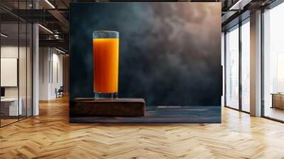 Mystic portrait of orange juice on board in studio, dark copy space on right side, Close-up View Wall mural