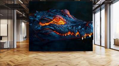 Mystic portrait of Saltwater Crocodile, copy space on right side, Close-up View, isolated on black background Wall mural