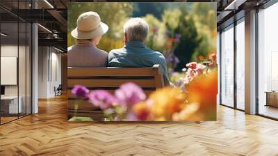 Portrait an elderly couple sitting on a bench in a botanical garden AI Generative Wall mural