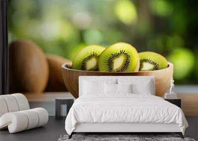 Portrait kiwi fruit slice on the wooden bowl AI Generative Wall mural