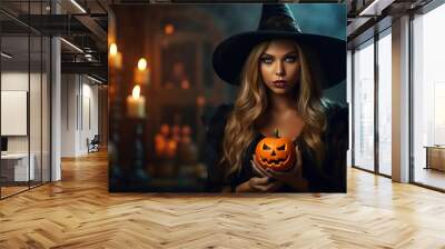 Portrait of beautiful woman in witch halloween made with Generative AI Wall mural