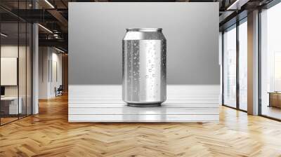 Portrait soda cans mockup with water drops on the wooden board AI Generative Wall mural