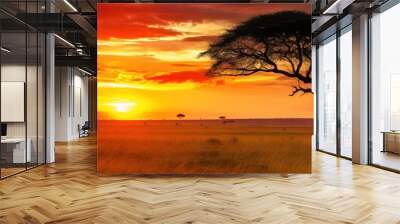 Portrait sunset on the savanna with tree AI Generative Wall mural