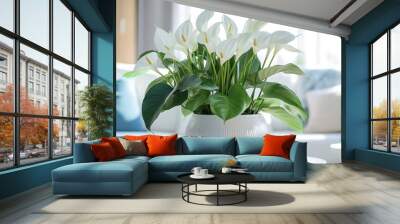 Portrait vase of anthurium on the table with sun exposure Wall mural