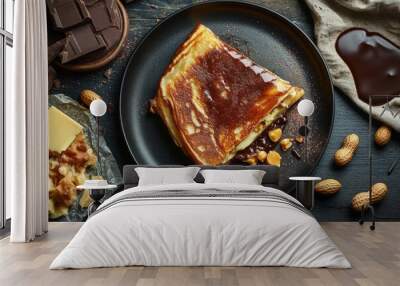 Sweet Martabak, A thick, sweet pancake filled with butter, chocolate, peanuts, or cheese. Top View Wall mural