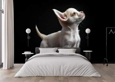 the beside view baby Chihuahua standing, left side view, low angle, white copy space on right, Isolated on black Background Wall mural