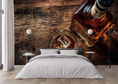 Top views a glass of whiskey on the wooden table AI Generative Wall mural