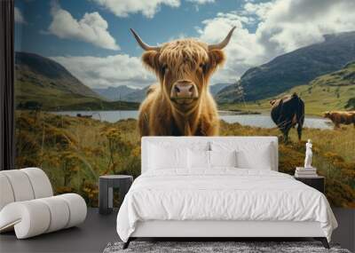 View from beside body of a three Highland Cow standing on grass, Awe-inspiring, Full body shot ::2 low Angle View Wall mural