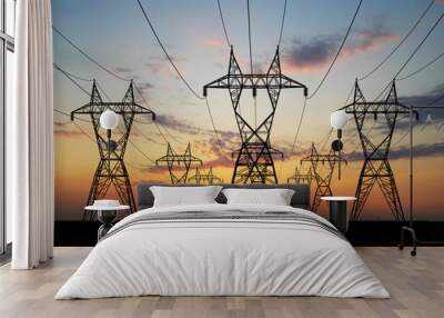 3D Electric powerlines over sunrise Wall mural