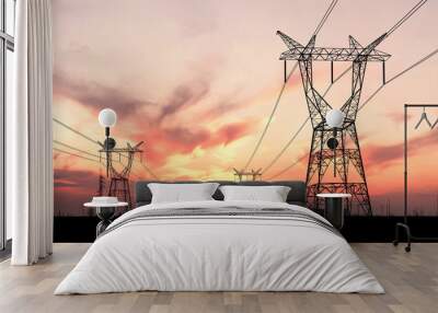 Electricity pylons and lines at dusk. Wall mural