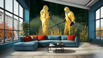 Two dosimetrist  in protective suite and mask with geiger counter measuring radiation level in danger zone Wall mural