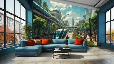 Futuristic green city with advanced transportation. AI-generated. Wall mural