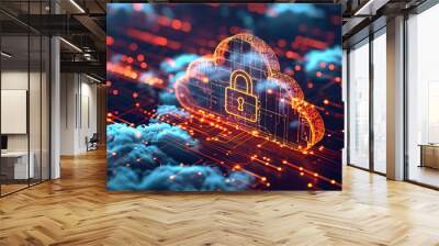 Futuristic Cloud security concept with cloud technology symbols and padlocks, representing data protection and cyber security in a cloud computing environment. Wall mural