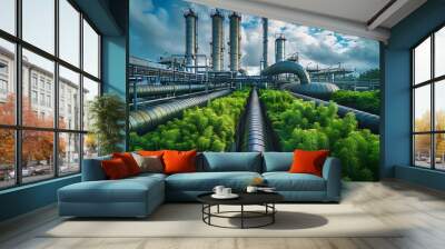 Green industrial eco-friendly energy for sustainable energy savings. Green factory industry for good environment ozone air low carbon footprint production concept. Wall mural