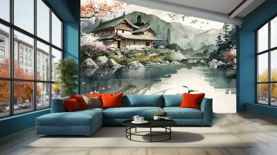 Japan landscape with lake house, birds, fish and lots of flowers, watercolor style with Generative AI Technology. Wall mural