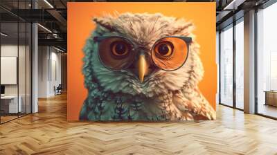 Owl wearing sunglasses portrait, pastel bright one color background with Generative AI. Wall mural