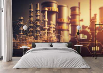 Petroleum industrial plant with sunset sky background, Generative AI Technology. Wall mural