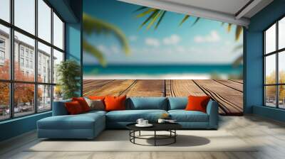 Wooden table or dock floor and palm leaves with blurred background with Generative AI. Wall mural