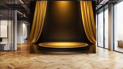 Podium gold fabric product background 3d luxury golden stage silk cloth abstract display. Fabric gold elegant premium podium platform beauty studio pedestal scene light design stand presentation black Wall mural