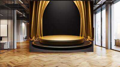 Podium gold fabric product background 3d luxury golden stage silk cloth abstract display. Fabric gold elegant premium podium platform beauty studio pedestal scene light design stand presentation black Wall mural