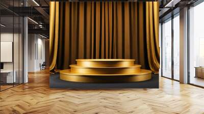 Podium gold fabric product background 3d luxury golden stage silk cloth abstract display. Fabric gold elegant premium podium platform beauty studio pedestal scene light design stand presentation black Wall mural