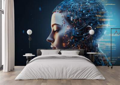 Abstract Artificial Intelligence Face in Digital World Wall mural