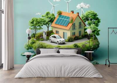 Floating Eco-Island with Renewable Resources: Quaint house with solar panels and wind turbines, and an electric car Wall mural