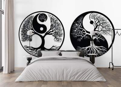 Yin Yang symbol with a tree of life and roots vector Wall mural