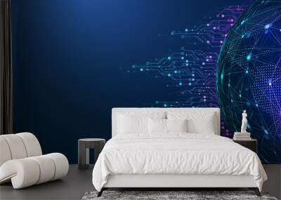 Quantum computer technologies concept. Futuristic blue circuit board background vector. Modern technology circuit board texture background design. Waves flow. Quantum explosion technology. Wall mural