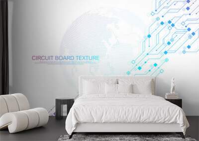 Technology abstract circuit board texture background. High-tech futuristic circuit board banner wallpaper. Engineering electronic motherboard vector illustration. Technological communication concept Wall mural