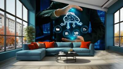 Business person discover the future of cloud computing with latest insights and elevate business by integrating cloud computing technology. Embrace the cloud era with innovative computing UUID Wall mural