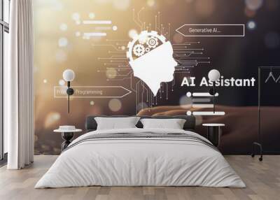 Human interact with AI artificial intelligence brain processor in concept of AI artificial intelligence engineering, big data and AI machine learning to use generative AI for business support. EIDE Wall mural