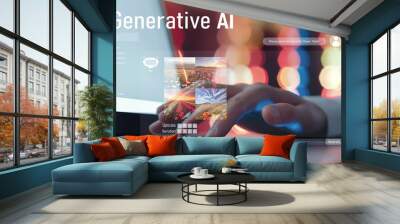 Human interact with AI artificial intelligence brain processor in concept of AI artificial intelligence engineering, big data and AI machine learning to use generative AI for business support. EIDE Wall mural