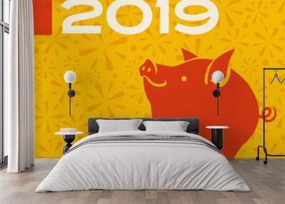 2019 year of the pig happy new year greeting card, poster, banner design with cute little pig. Wall mural