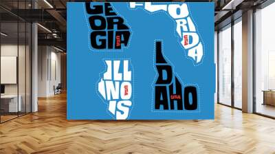 Georgia, Florida, Illinois, Idaho state names distorted into state outlines. Pop art style vector illustration for stickers, t-shirts, posters and social media. Wall mural