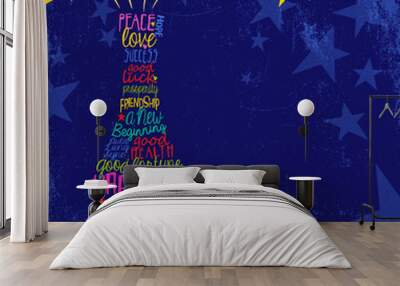 Happy New Year 2018 design. Abstract champagne bottle with inspiring handwritten words, bursting stars. Blue background with space for text. Wall mural